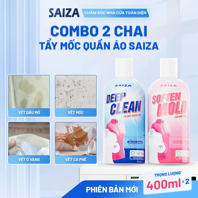(GIÁ SỐC– SẠCH MỐC TẬN GỐC) Combo 2 Chai Tẩy Mốc Quần Áo SAIZA 800G - Tẩy Sạch Vết Ố Vàng, Nấm Mốc, Thâm Kim Giúp Quần Áo Trắng Sáng Giữ Màu Vải Bền Đẹp