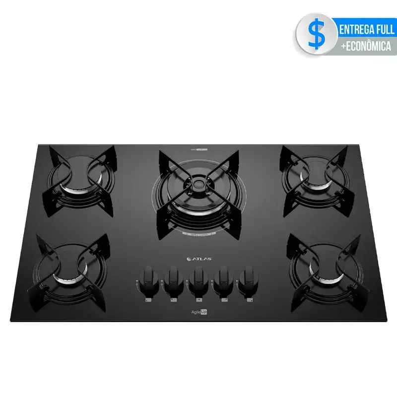 Plaque de cuisson gaz Atlas Agile Up 5 feux, brûleur triple couronne, surface en verre, bivolt