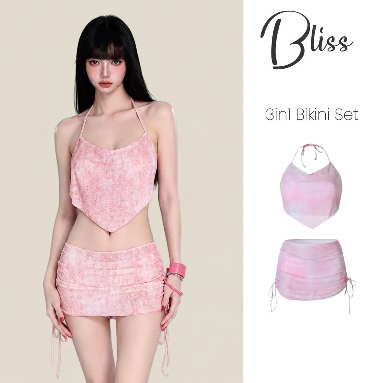 BLISS Lumi 3in1 Bikini Set Padded Self Tie Adjustable Swimwear Wrap short Skirt 2 Solid Colors Pink Yellow Beach Vacation Essentials sport outdoors Swimsuit polyester clothes sleeveless womenswear lingerie homewear loungewear