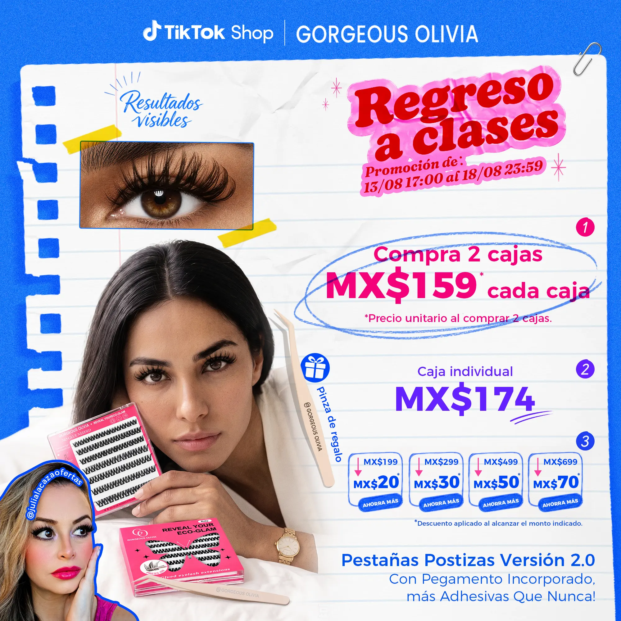 Faux cils autocollants Gorgeous Olivia Press-On 10 à 16 mm, extensions DIY naturelles et recourbées avec pince antiadhésive, sans colle, tenue 24 heures