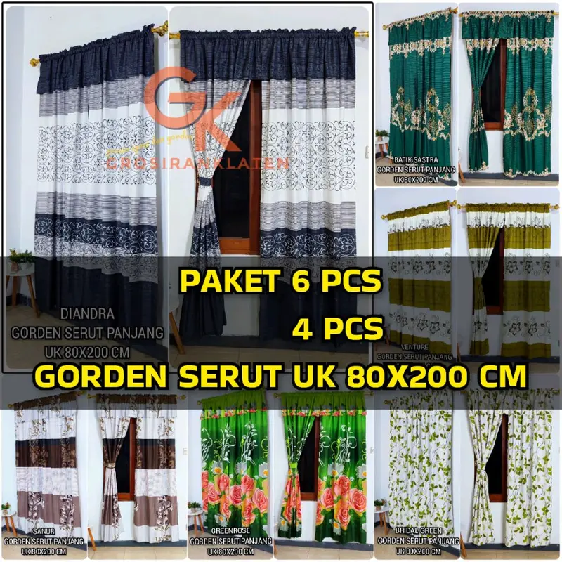 GK Drawstring Window Curtains, 6- or 4-Piece Set, 80 × 200 cm, for Windows or Doors