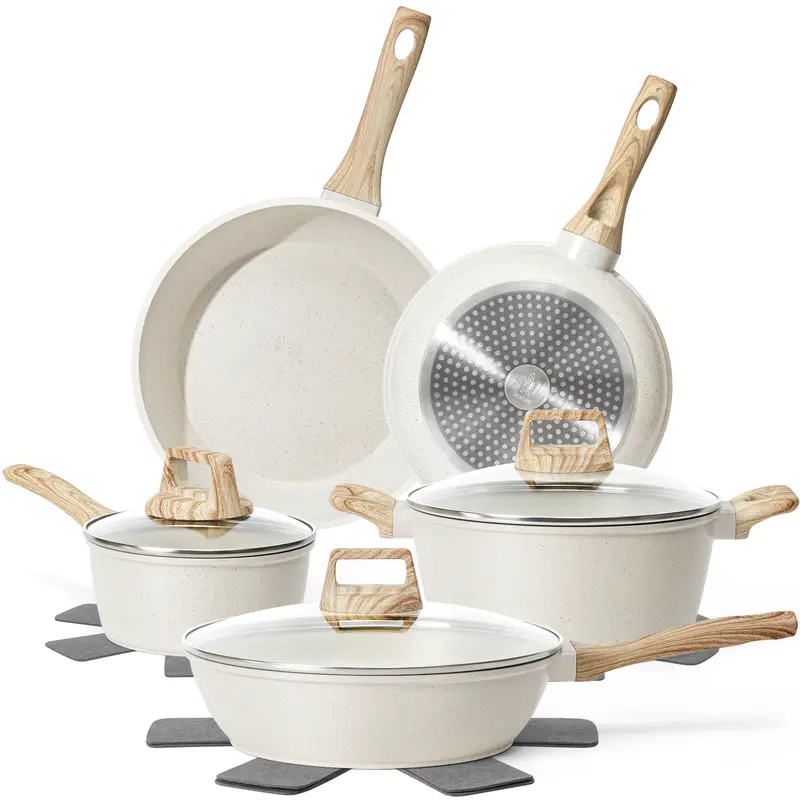 Bộ nồi chảo chống dính SODAY 12 món dùng cho thực phẩm, thân nhôm bền, tay cầm Bakelite, kèm chảo rán, nồi nhỏ và nắp kính