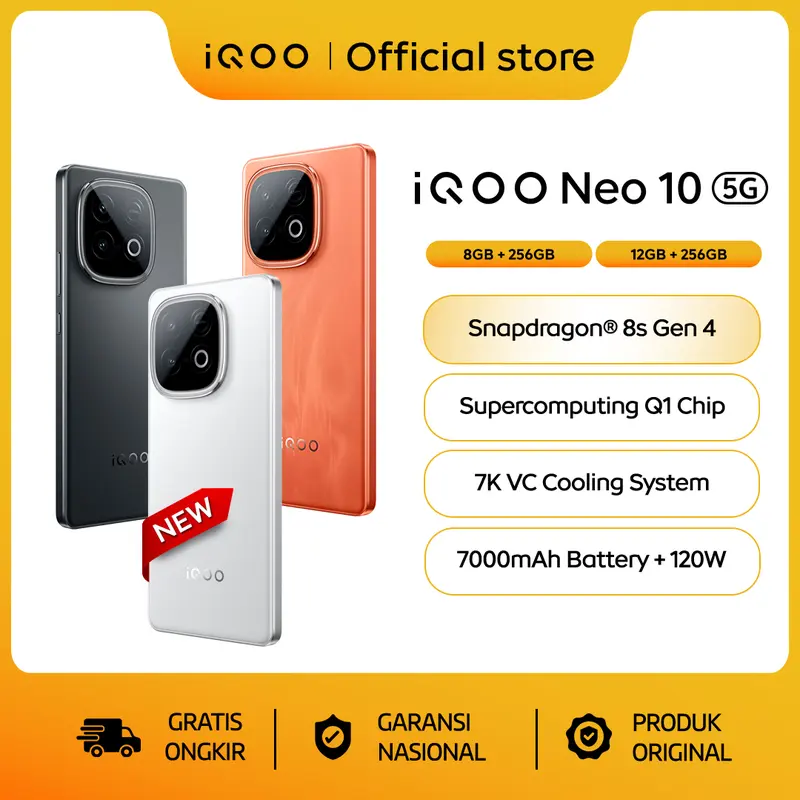 vivo iQOO Neo 10, Snapdragon 8s Gen 4 + Q1 Dual Chipset, 7K VC Cooling, 7000 mAh Battery, 120W Charging, 144Hz AMOLED, 50MP Sony IMX OIS + 8MP Wide-Angle Camera