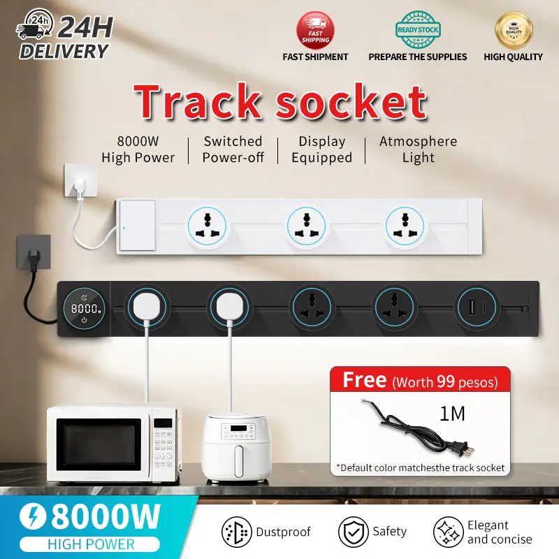 [7 Years Warranty] TEP Movable Track socket Outlet 8000W Universal Power Adapter Socket Outlet Modern Electric Wall Outlet for Living Room Office Kitchen Power track