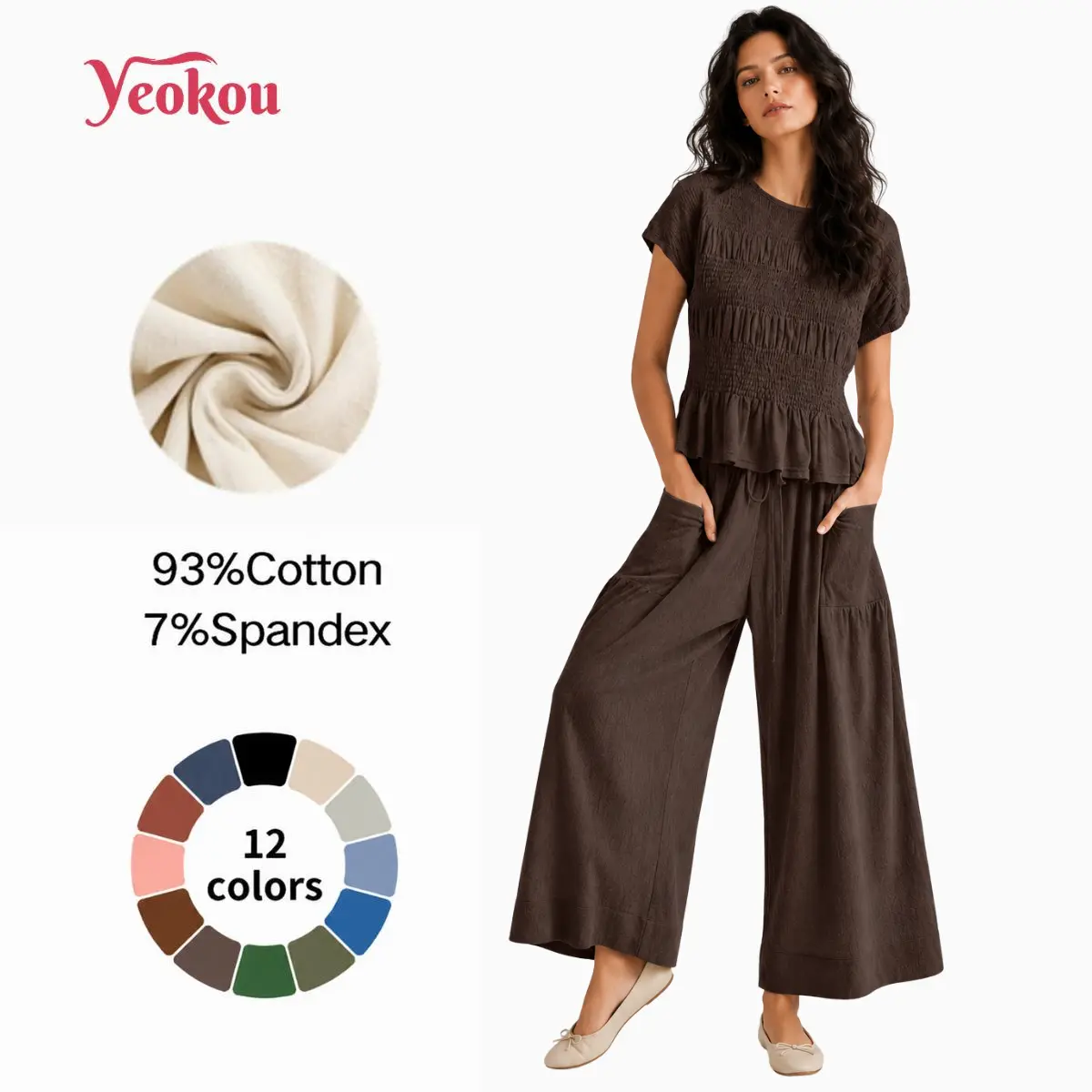 Set đồ nữ Yeokou 2 món phong cách boho thời thượng — áo cotton nhún chun và quần ống rộng cạp cao có túi