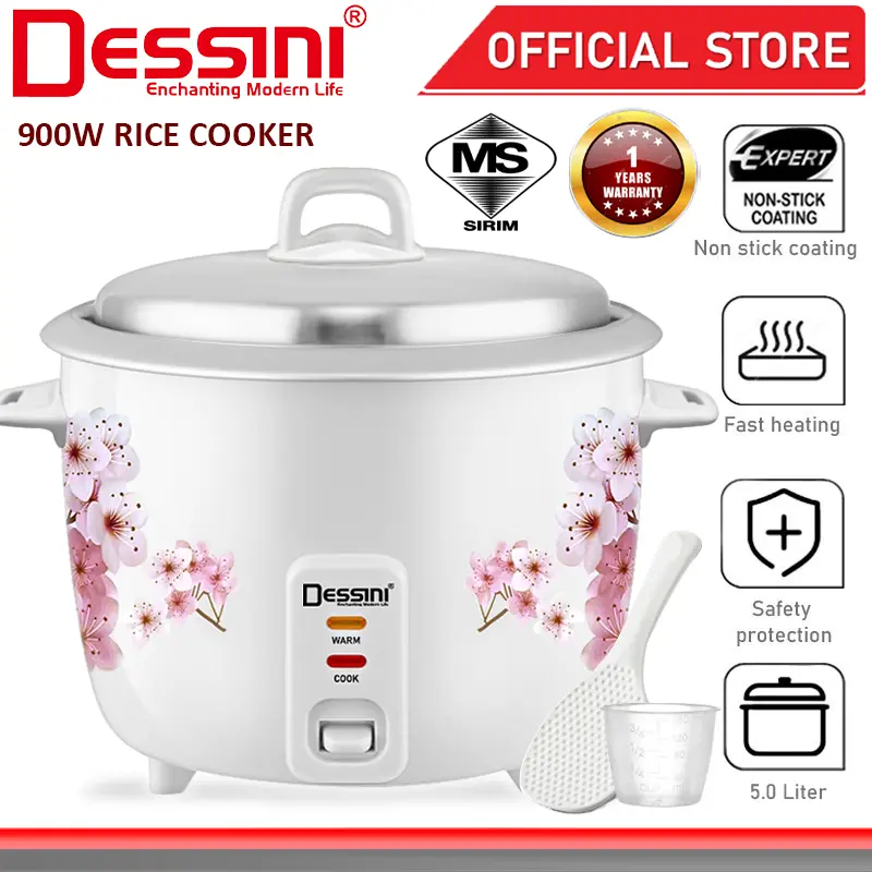 DESSINI ITALY 5.0L Electric Rice Cooker and Multicooker with Nonstick Aluminium Inner Pot, Steamer and Soup Warmer