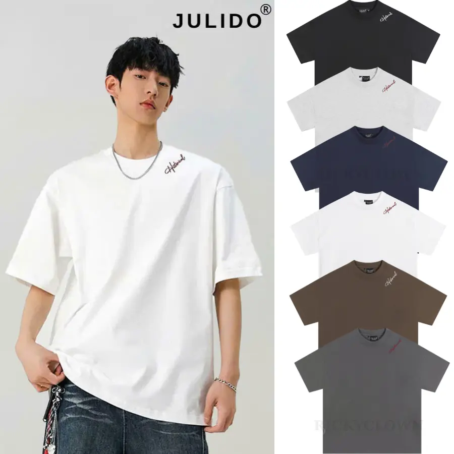 JULIDO 남녀공용 라운드넥 반팔 티셔츠 2장 세트, 자수 로고, 프리미엄 코튼, 통기성 소재