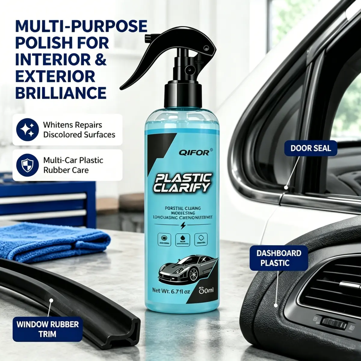 QIFOR Car Plastic Restorer, Quick Colour-Restoration Polish and Protection for Car Panels, Tyres and Dashboards, Easy-to-Use, Long-Lasting Car-Detailing Product