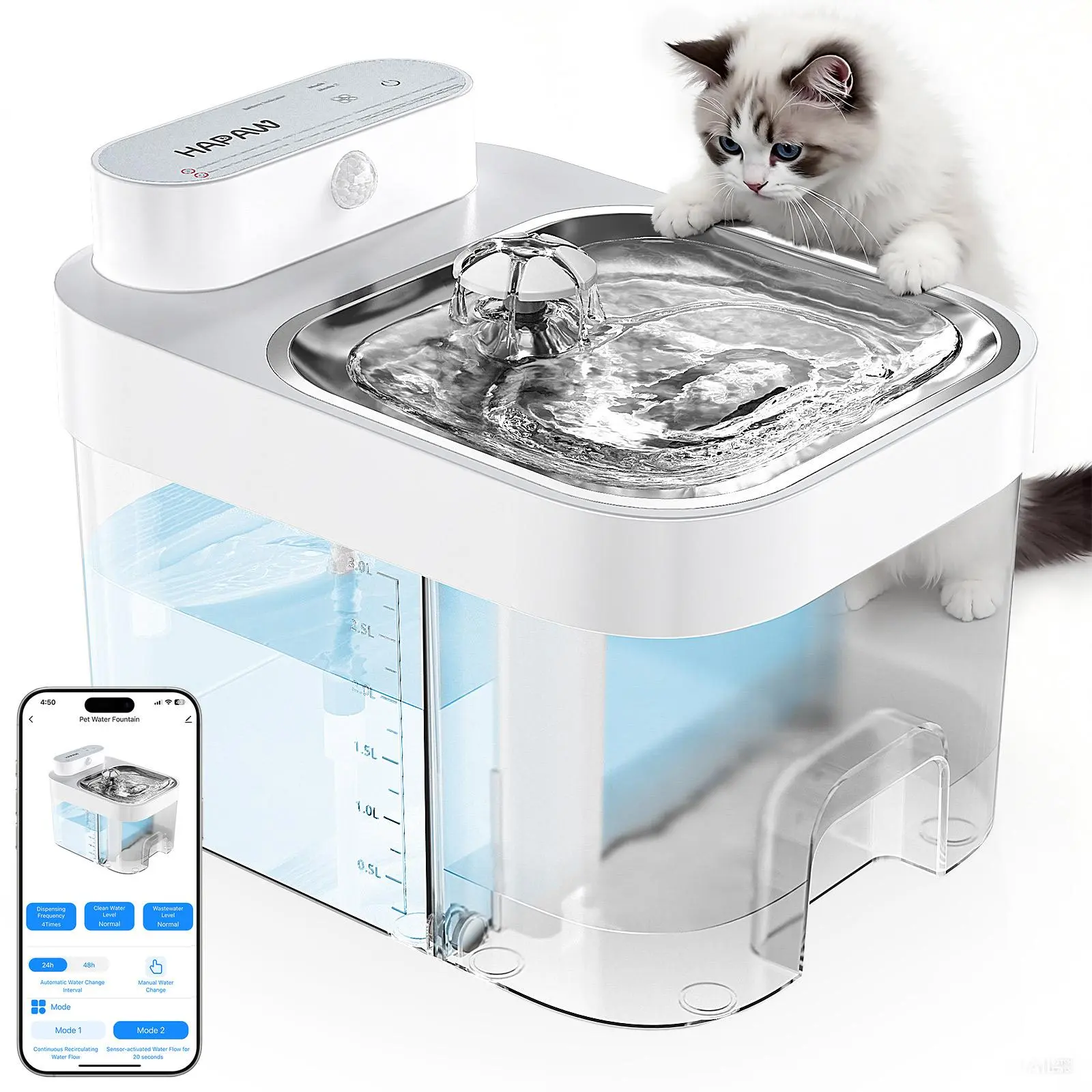 HAPAW Smart Cat Water Fountain with Separate Clean & Wastewater Tanks, Filter-Free Design, 3L Clean Water + 1.35L Wastewater Tanks, 2 Water Flow Modes, Cordless with App Control for Multi-Cat Homes & Busy Cat Owners