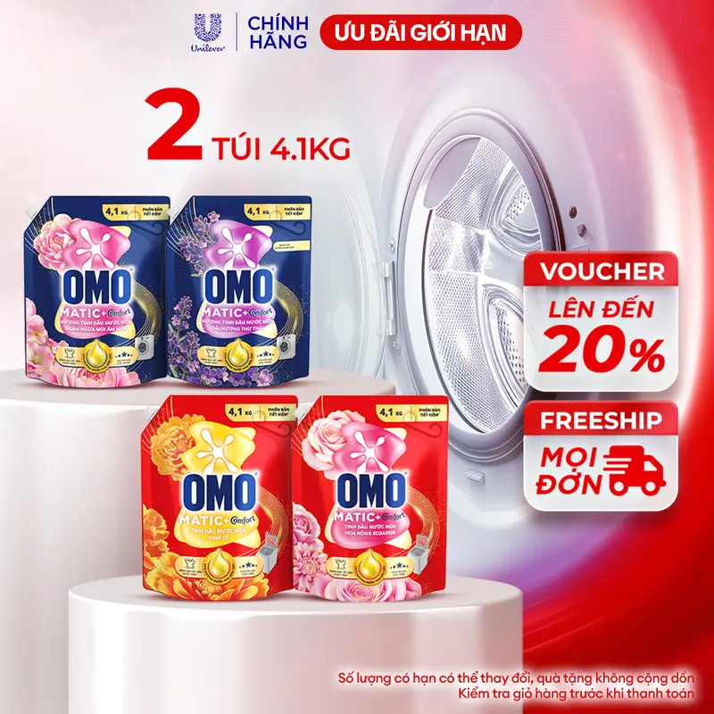 OMO Matic Laundry Detergent with Comfort Perfume Fragrance, 2 × 4.1 kg Refill Pouches