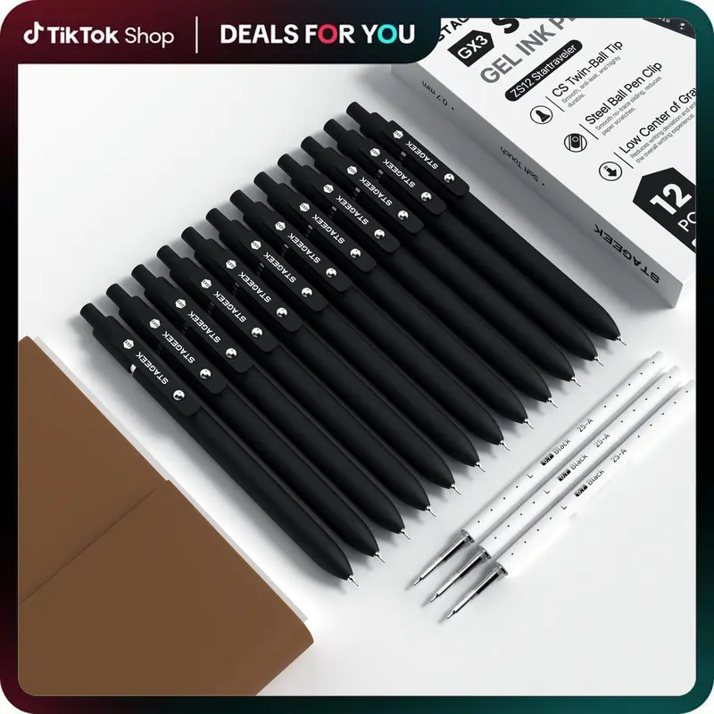 STAGEEK schwarze Gelstifte zum Schulstart, 5er-, 6er- oder 12er-Pack mit 3 Ersatzminen, feine Spitze 0,7 mm/0,5 mm, schnell trocknende Tinte für Tagebuch, Büro, Notizen und Schule, Schwarz, Grau, Weiß und Morandi