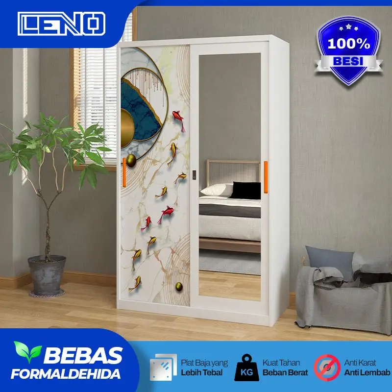 [ TERLARIS ] Lemari Baju Besi Sliding 2 Pintu Lemari Baju Gantungan Cermin Minimalis Anti Karat & Anti Jamur