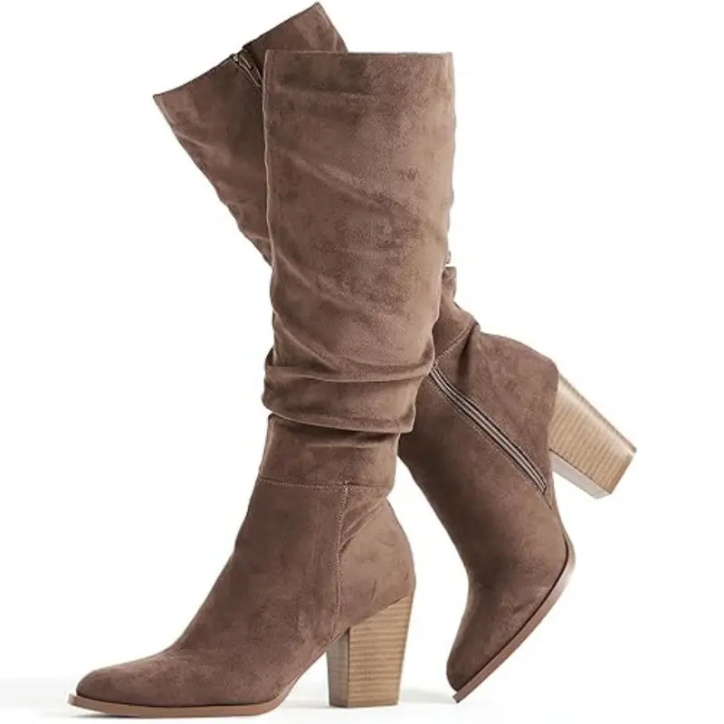 Sepatu Bot Wanita Selutut Ujung Lancip dari Suede Sintetis, Model Slouch dengan Hak Tebal, untuk Kembali ke Sekolah