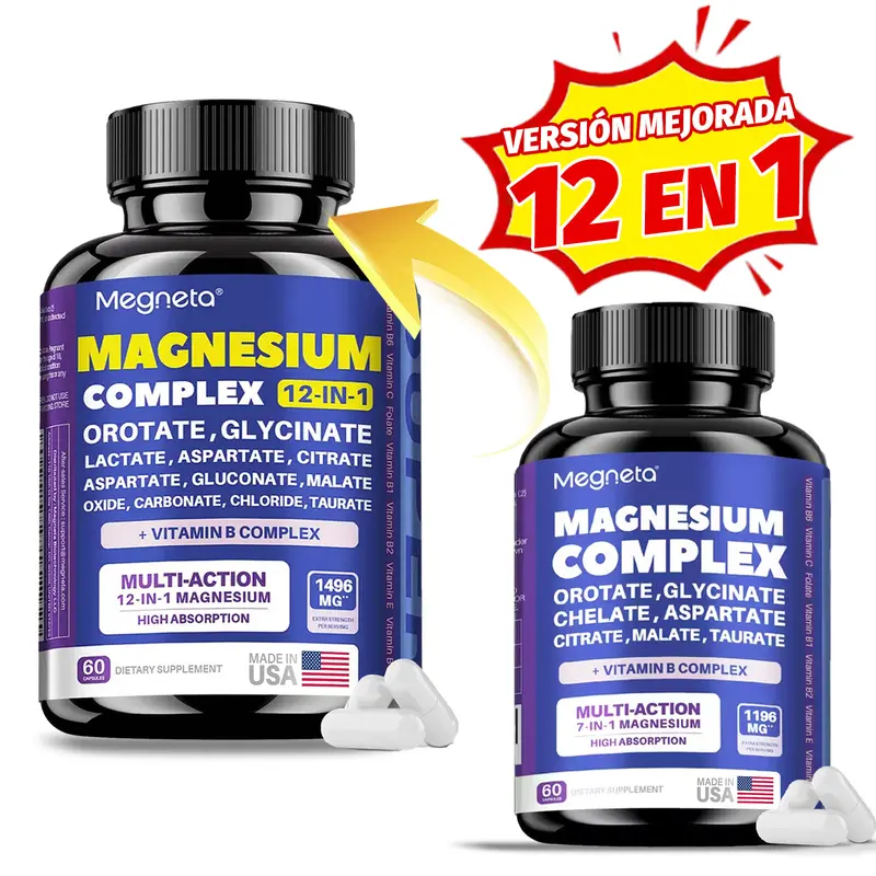 MAGNESIO COMPLEX 12 en 1 Fórmula Mejorada | Hecho en EE.UU. | 12 Formas de Magnesio + Vitamina B Complex | Alta Absorción | 1496 mg por porción | 60 Cápsulas