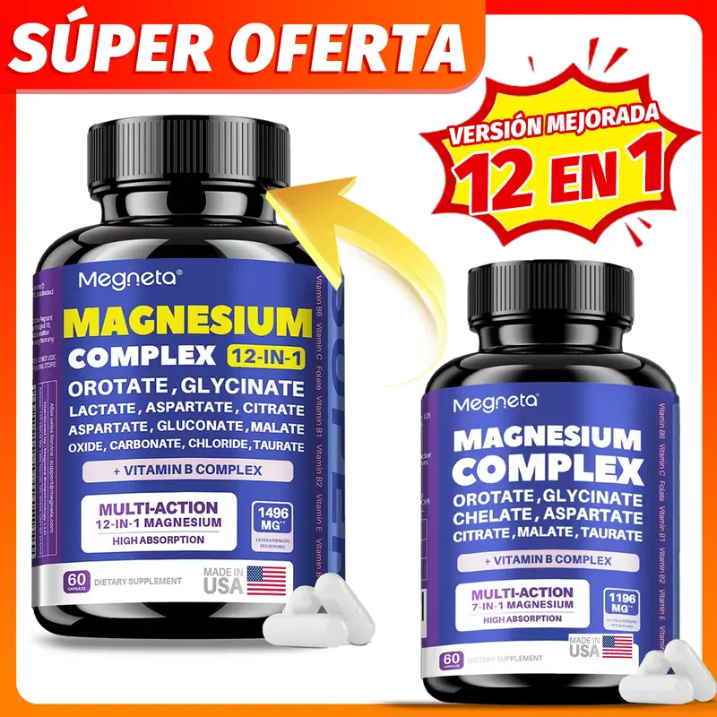 MAGNESIO COMPLEX 12-in-1 Magnesium and Vitamin B Complex, 1496 mg per Serving, 60 Capsules, Made in the USA