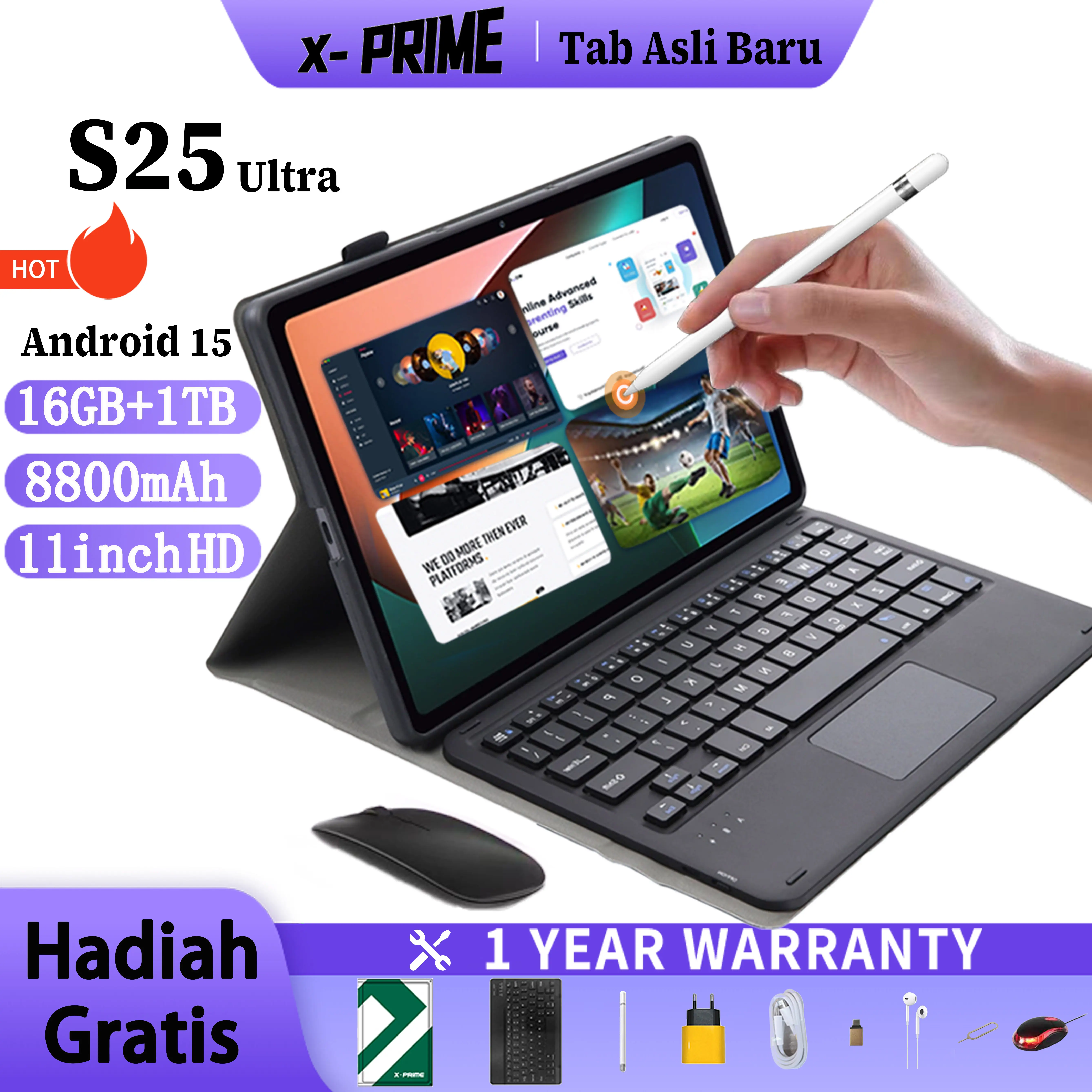 X-PRIME S25 5Gタブレット 10.1インチHD・120Hzディスプレイ 8800mAhバッテリー 16GB RAM・1TB ROM Android 15 キーボード付き 公式保証