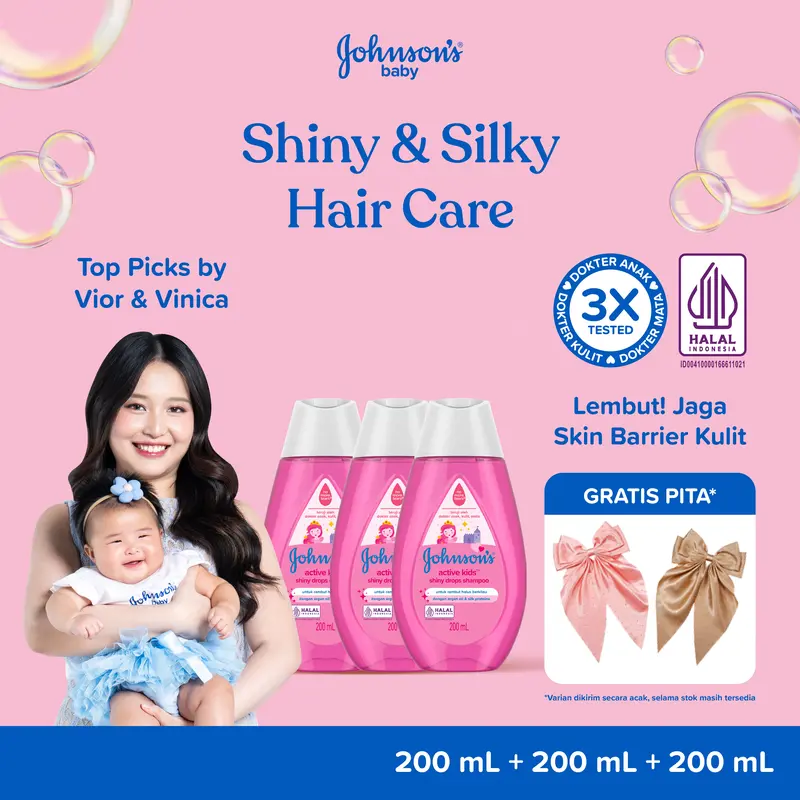 JOHNSON'S Active Kids Shiny Drops Shampoo 200ml (Paket Isi 3) FREE PITA - Sampo Anak