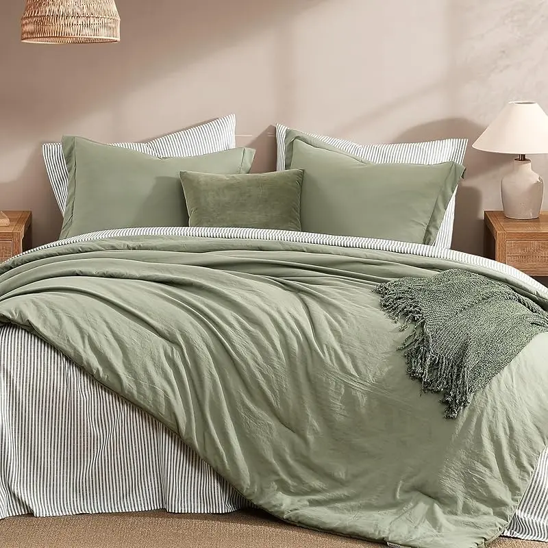 【FallPickDeals】Set Comforter Microfiber Monbix 7-Piece, Set Sprei Gaya Modern Farmhouse Coastal dengan Kantong Penyimpanan Dua Sisi, 1 Comforter, 2 Sarung Bantal, 2 Pillow Sham, 1 Seprai Datar & 1 Seprai Karet, SummerWins, DFYD, Deals for You, Mid Year Sale, Restock, Bed S,