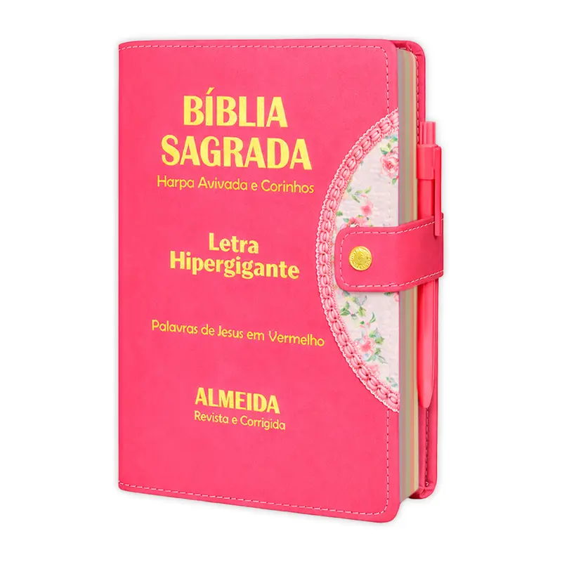 Bíblia Sagrada - Hipergigante Botão Pink | ARC - João Ferreira de Almeida - Harpa e Índice por Cores