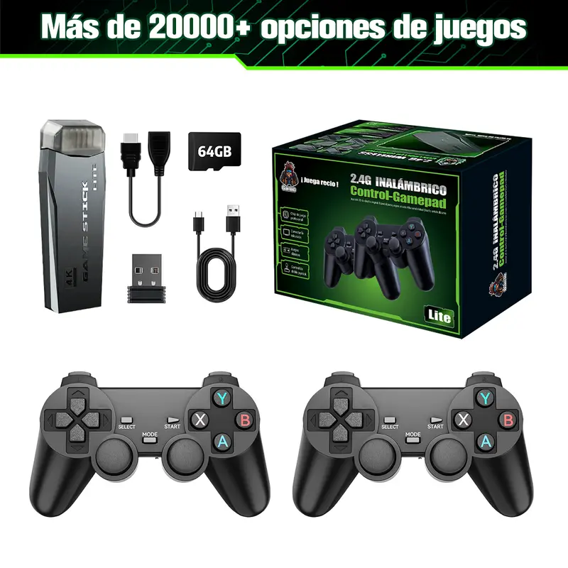 Game Stick pro 4K 레트로 게임기, 게임 20000개 이상·64GB 메모리·무선 컨트롤러 2개 포함, TV·프로젝터용 HDMI 미니 콘솔