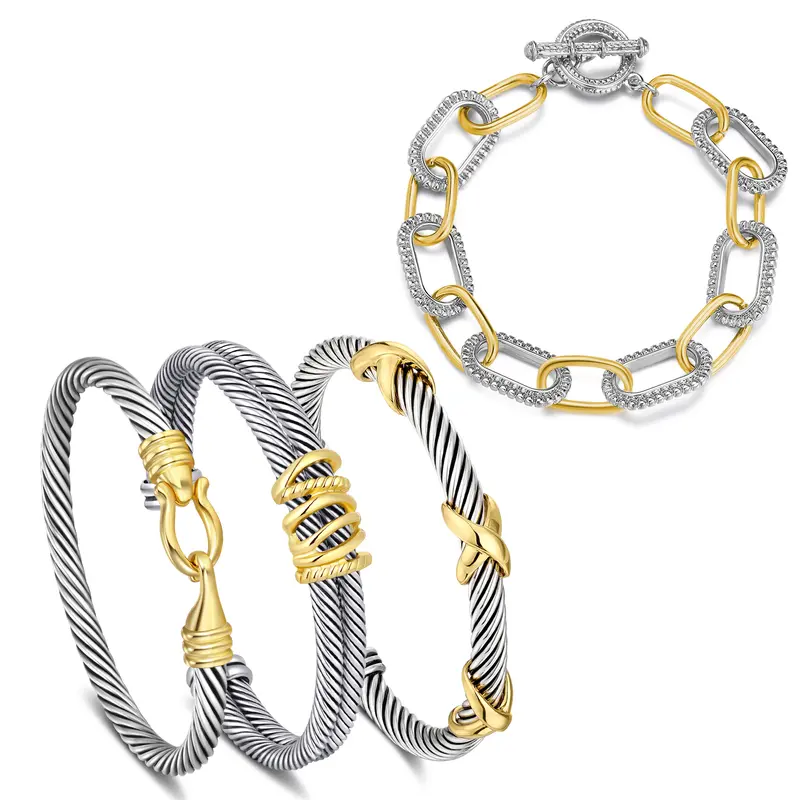 Aprilery Trendy 4PCS Twisted Adjustable Cable & Chain Link Jewelry Arm Candy Set – Stackable Knot & Hook Turquoise Bangle Bracelets for Women Perfect Everyday Jewelry Gold & Silver Bracelets