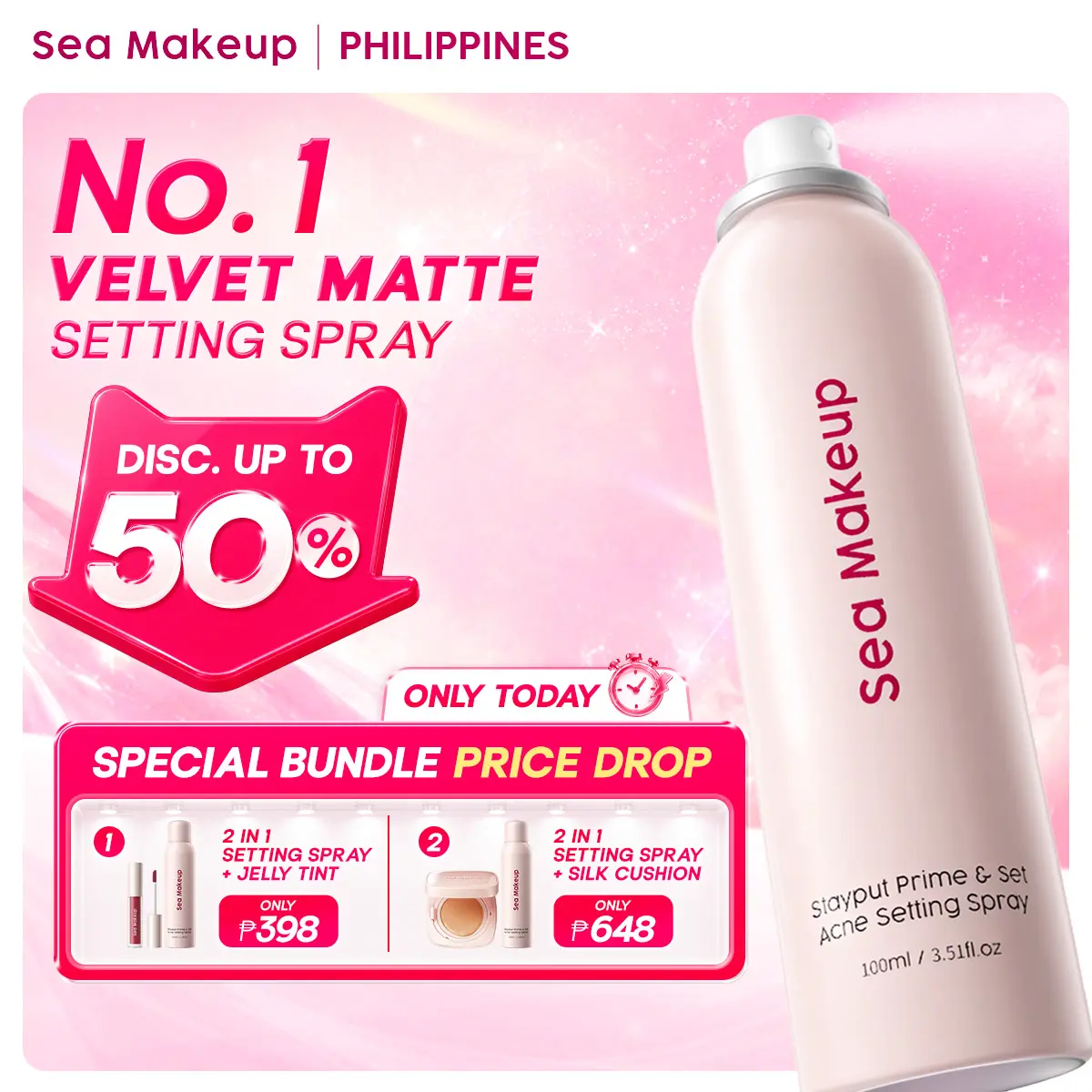 [HAJIE ALEJANDRO APPROVED] 씨 메이크업 스테이풋 프라임 & 셋 여드름 피부용 메이크업 픽서 스프레이 100ML - 프라이머 겸용 세팅 스프레이, 메이크업을 산뜻하고 번짐 없이 오래 유지, 유분을 조절해 매끄럽고 은은하게 빛나는 마무리