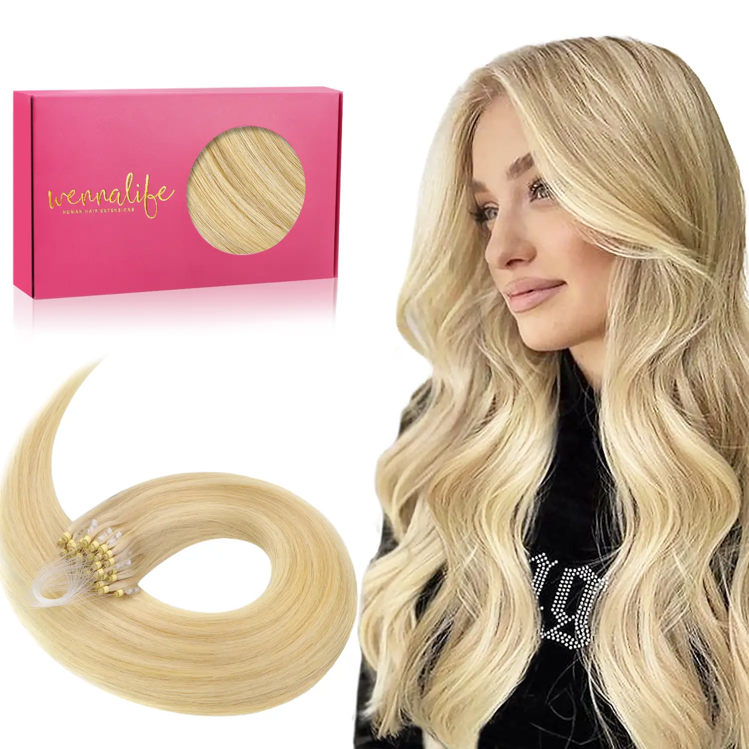 Extensiones de cabello natural Remy WENNALIFE Micro Link EasyFit con microanillas, lisas, rubio claro con reflejos rubio dorado, 50 g, 50 mechones, de 14 a 24 pulgadas, para verano #tiktokshopstockup