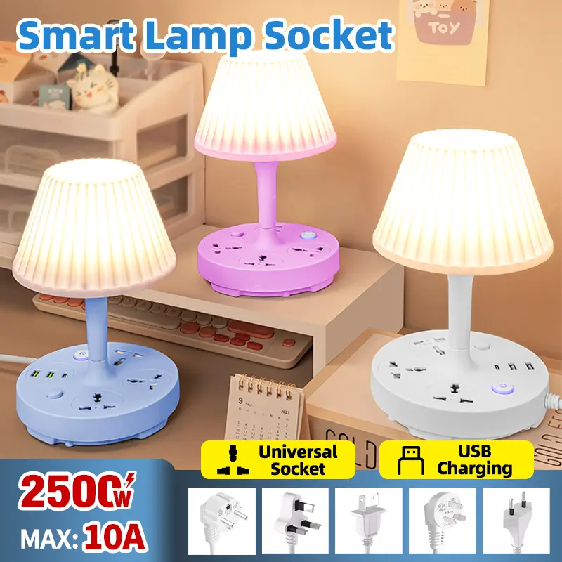 Universelle Nachttischlampe mit Steckdosenleiste, 3 Steckplätzen, USB-Anschluss, Kabelverlängerung und 2 Lichtmodi, wiederaufladbar