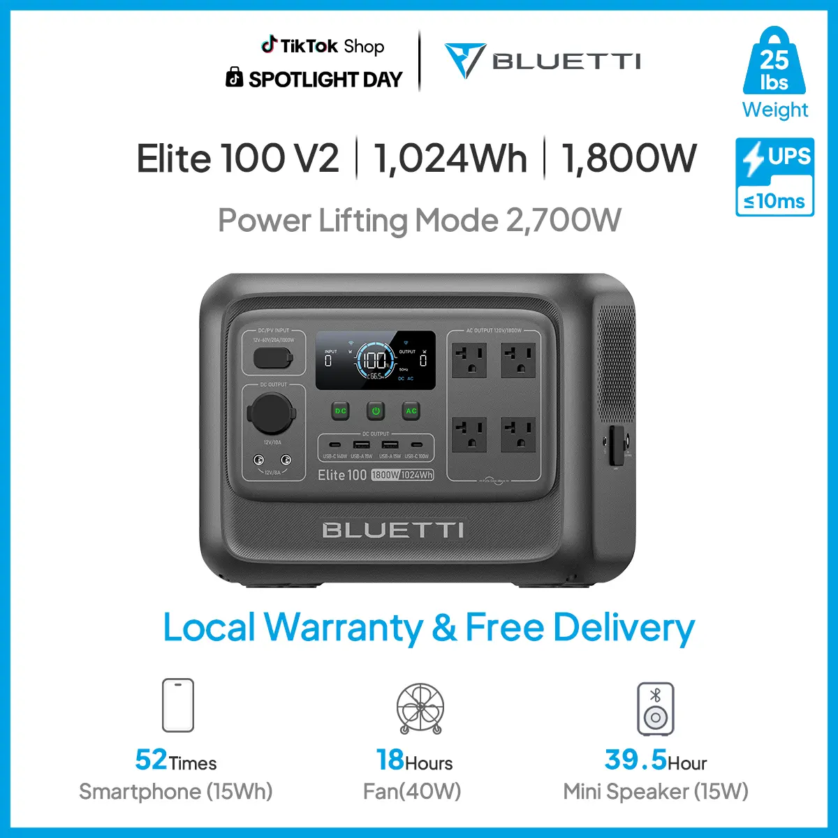 Station électrique portable BLUETTI Elite 100 V2 1024 Wh, batterie LiFePO4, générateur solaire avec 4 prises CA de 1800 W (pic de 3600 W), 35 % plus compacte, pour le camping et les coupures de courant (panneau solaire en option)