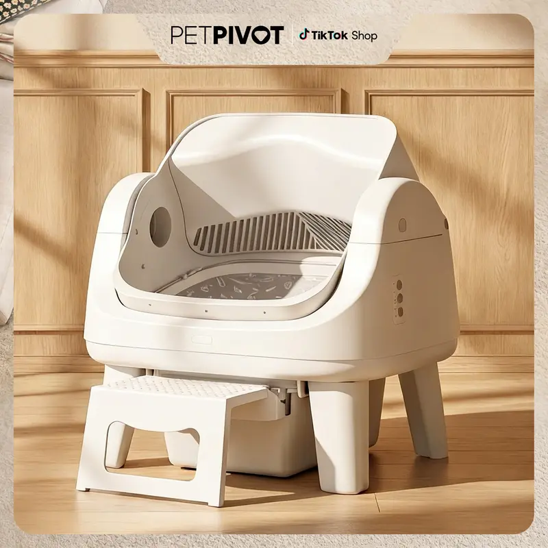 PetPivot AutoScooper 12 Lite open-top self-cleaning litter box, 28 lb capacity, 32 dB operation, step access, triple safety protection, no app required, SohoChic