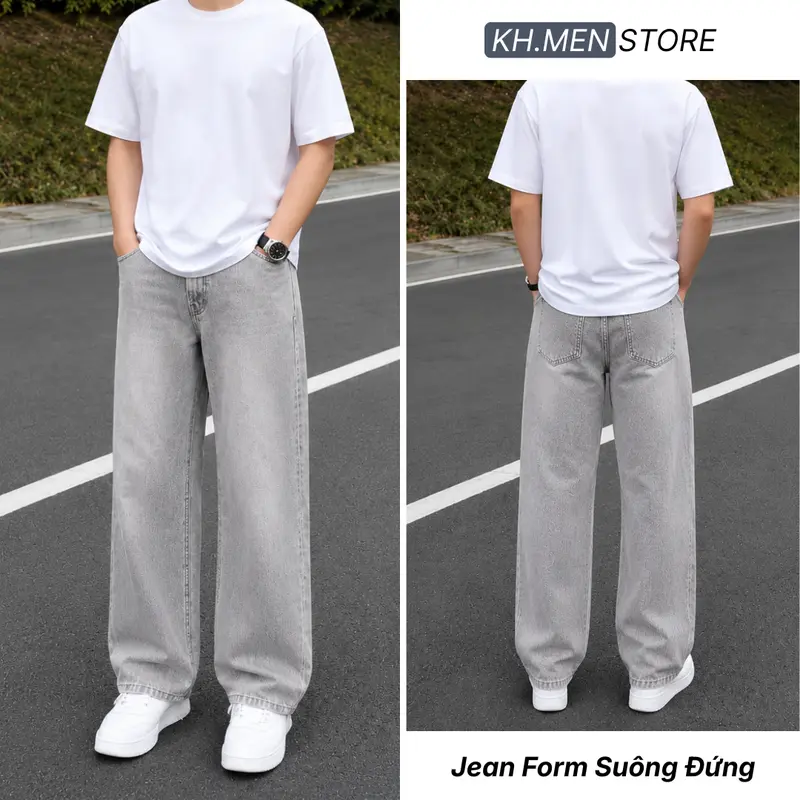 Silver-Grey High-Waisted Straight-Leg Jeans, Regular Fit Denim with Pockets