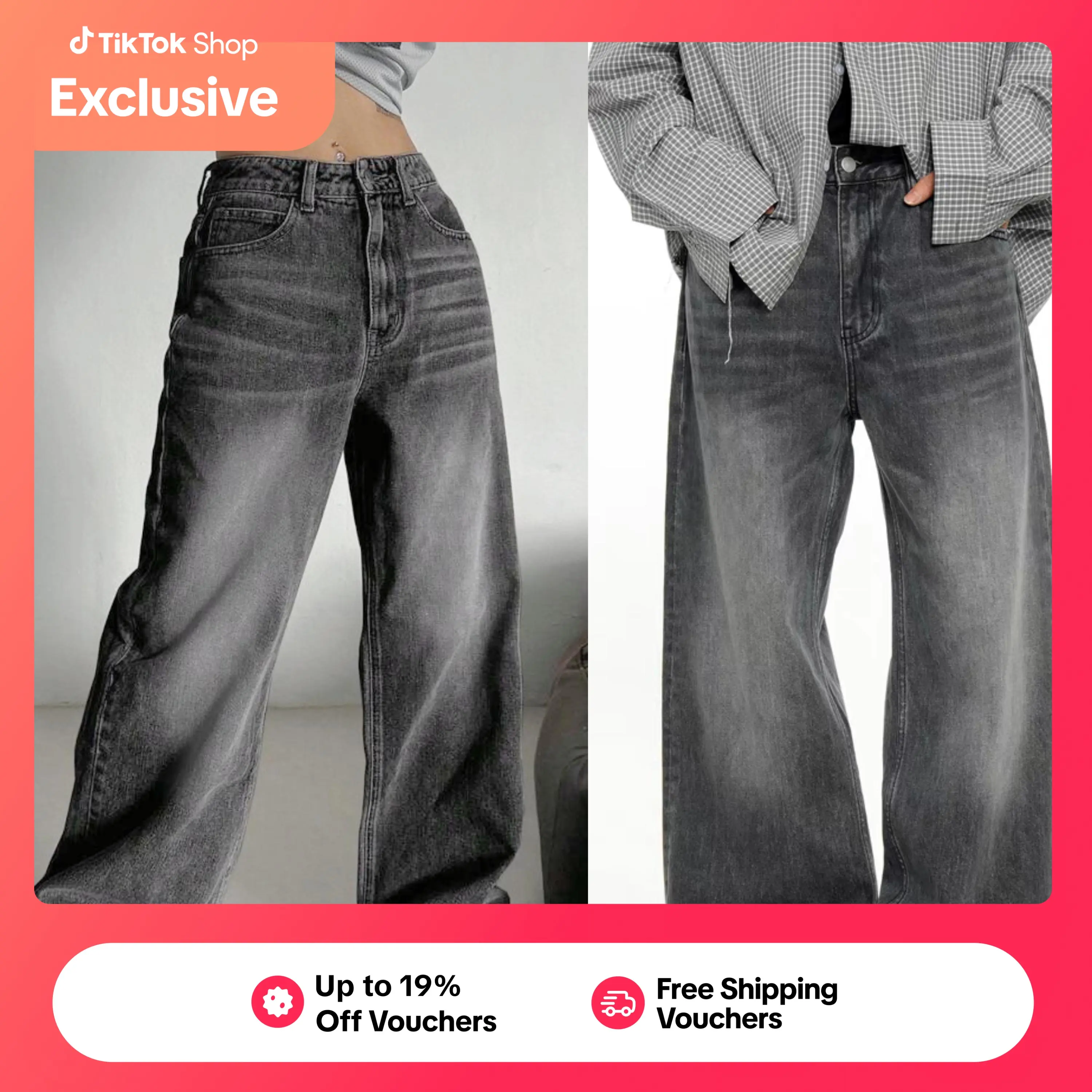Quần jean ống rộng unisex màu xám wash retro, phom rộng phong cách Mỹ