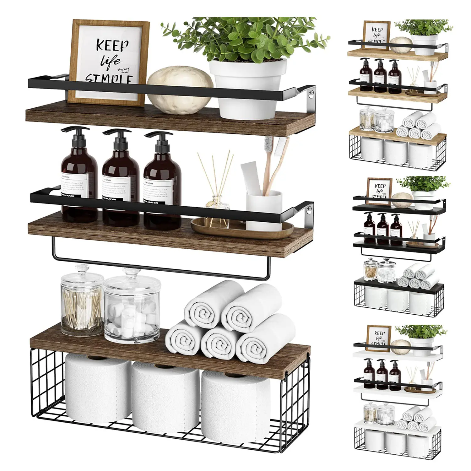 Set 3 Rak Dinding Ambalan Melayang Tahan Beban, Rak Sudut dengan Palang Handuk, Keranjang Kawat, Bingkai Foto, dan Kait Organizer untuk Ruang Tamu, Kantor, serta Kamar Mandi