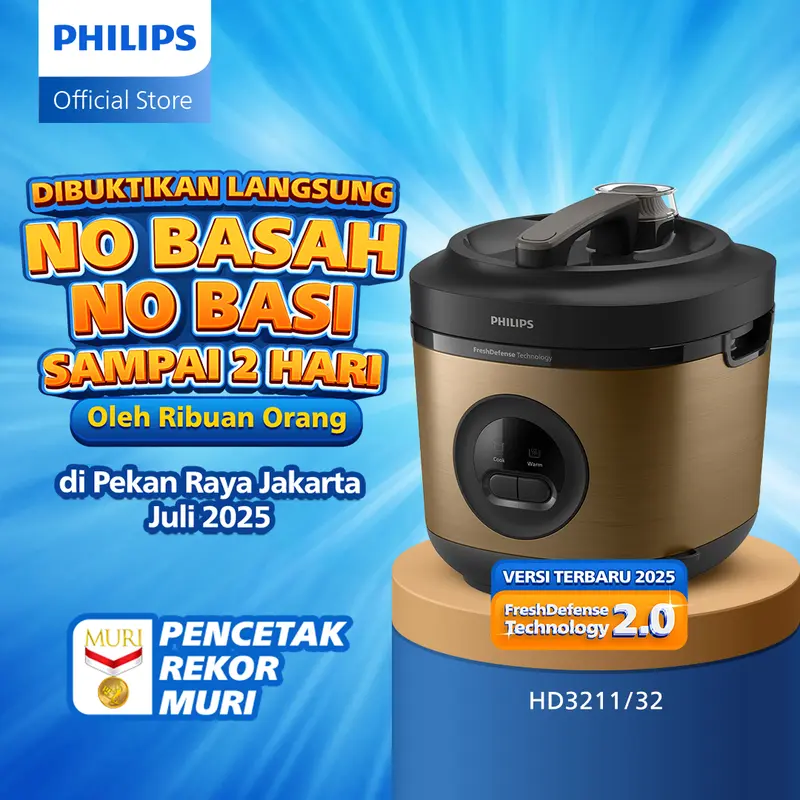 Philips Rice Cooker Penanak Nasi 1,8 L 3000 Premium Series HD3211/32 Gold, panci dalam Bakuhanseki antilengket, FreshDefense Technology, nasi tidak basi hingga 48 jam, 400 watt