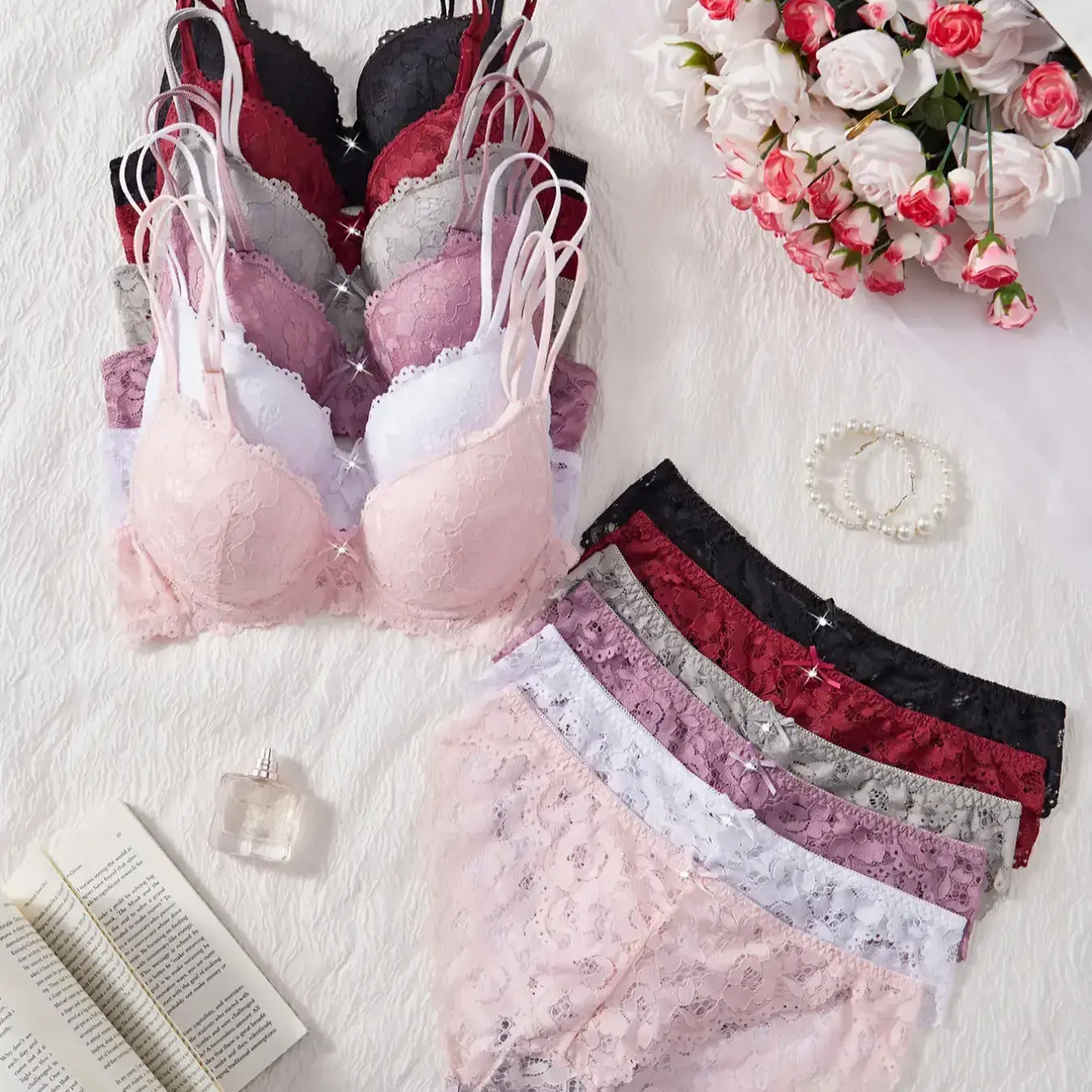 Ensemble de lingerie femme sexy en dentelle pour la Saint-Valentin, 12 pièces : soutiens-gorge à armatures et culottes assorties, doux et respirants, maintien maximal, idée cadeau