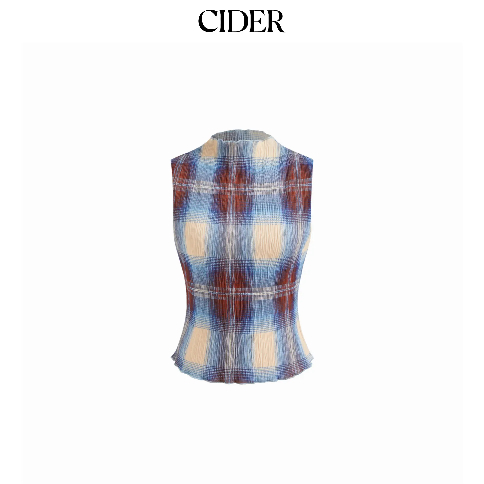 Top sin mangas Cider de cuello alto, textura a cuadros y bordes ondulados