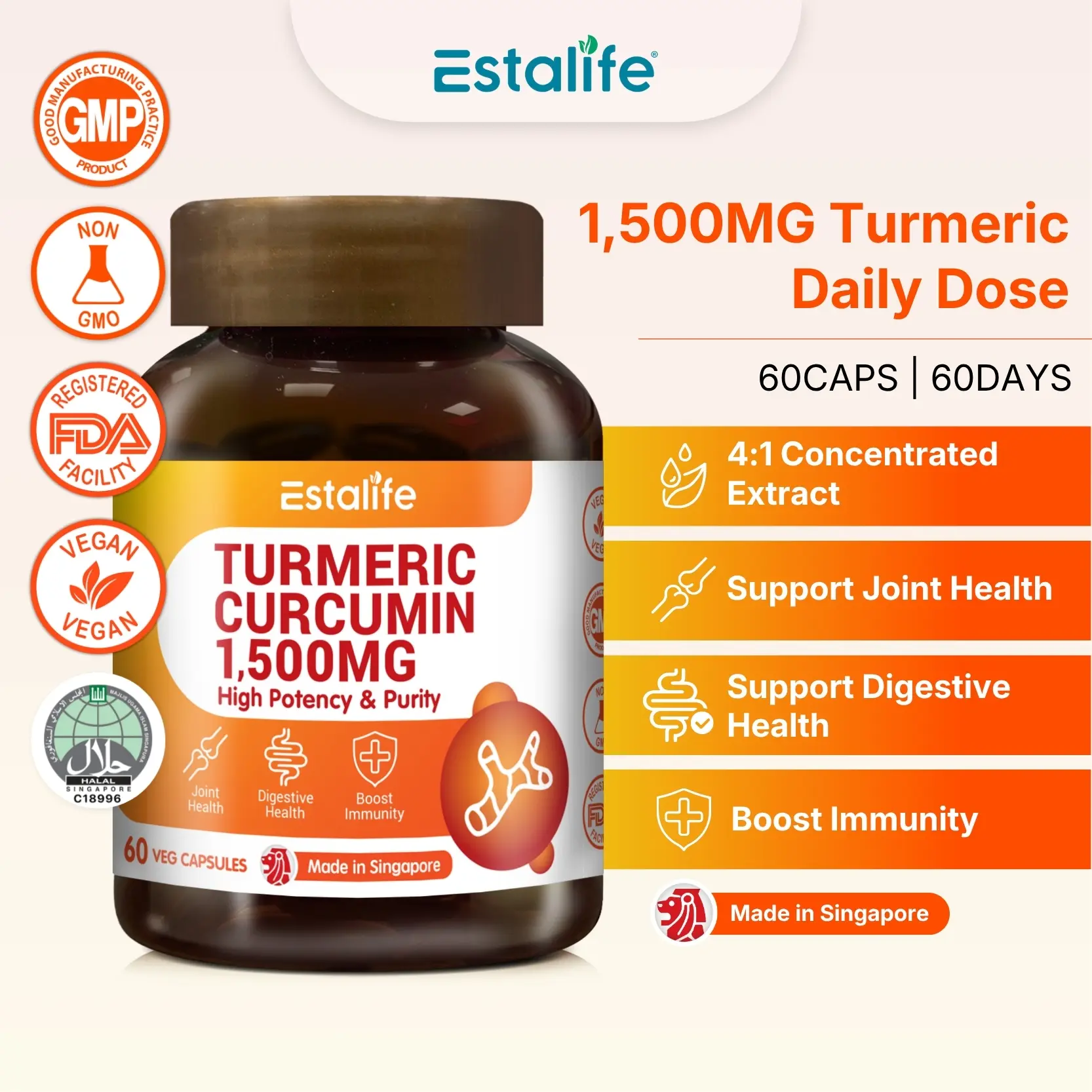 Estalife Turmeric Curcumin 1500MG, Suplemen untuk Kesehatan Sendi dan Daya Tahan Tubuh, 60 Kapsul
