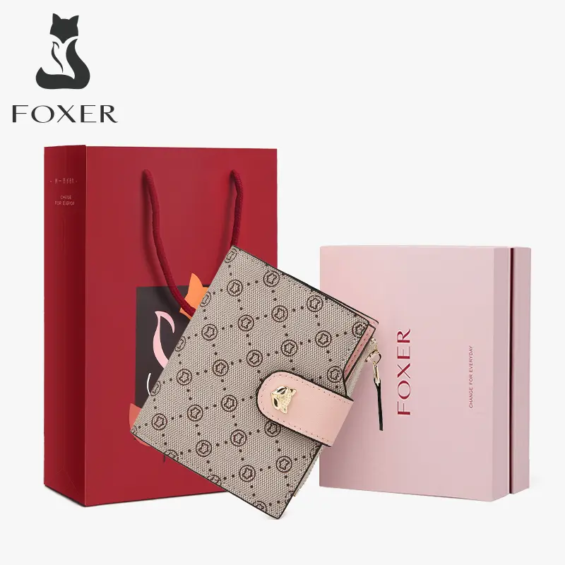 Cartera corta plegable FOXER para mujer de piel de vacuno, con estampado, ranuras para tarjetas y monedero, en negro y rosa