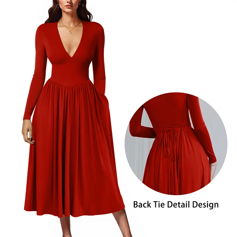 OYS Damen-Midikleid für den Herbst, langärmlig, mit tiefem V-Ausschnitt, A-Linie, Taschen und Bindeband am Rücken – legeres Partykleid
