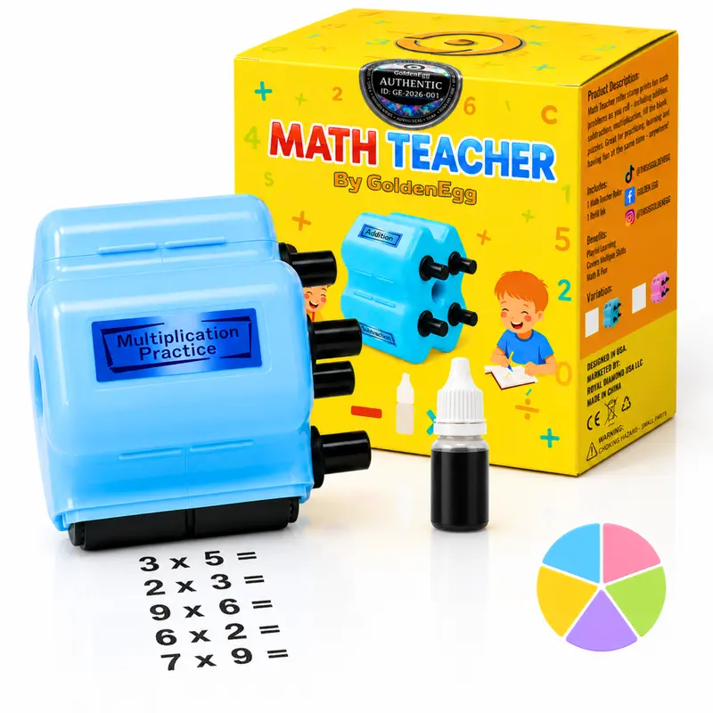GoldenEgg Math Teacher 4合1数学滚轮印章，加减乘法及填空练习，适合5–9岁、一至三年级儿童，居家学习及圣诞礼物