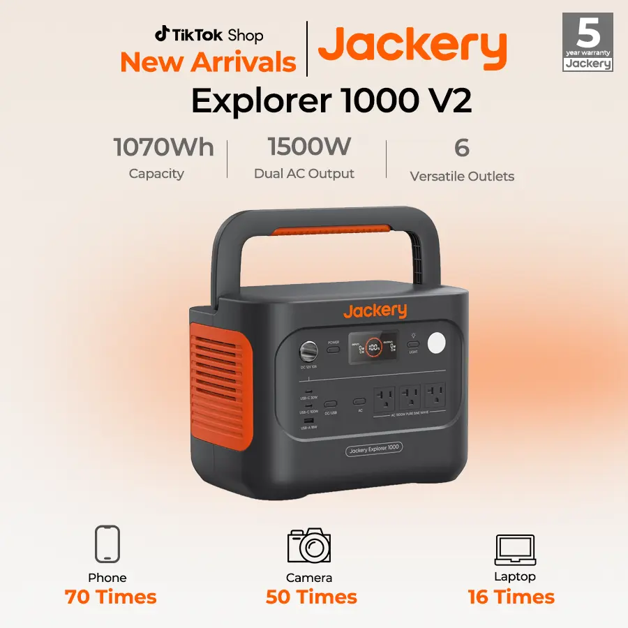 Station électrique portable Jackery Explorer 1000 v2, batterie lithium-fer-phosphate 1070Wh, puissance 1500W, charge rapide en 1 heure, rallonge de 5 mètres offerte