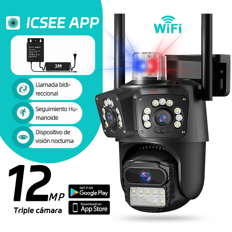 Câmera de segurança externa ICSEE Wi-Fi com 3 lentes, 12 MP UHD, cabo de 3 m, visão 360°, rastreamento e alarme automáticos, Alexa/ONVIF, visão noturna colorida, áudio bidirecional, IP66, sem mensalidade (cartão SD/7 dias grátis)
