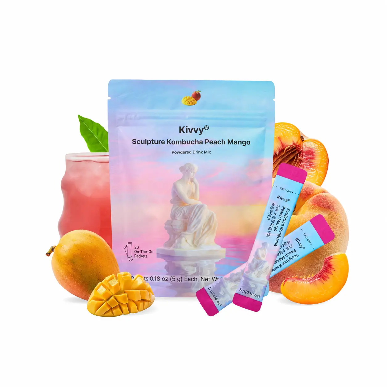 Bebida coreana de kombucha Kivvy para la hinchazón, 20 porciones, sabor durazno y mango, con melisa y melena de león, polvo instantáneo sin azúcar y con 0 calorías, limpieza intestinal natural, apoyo digestivo, calma y claridad