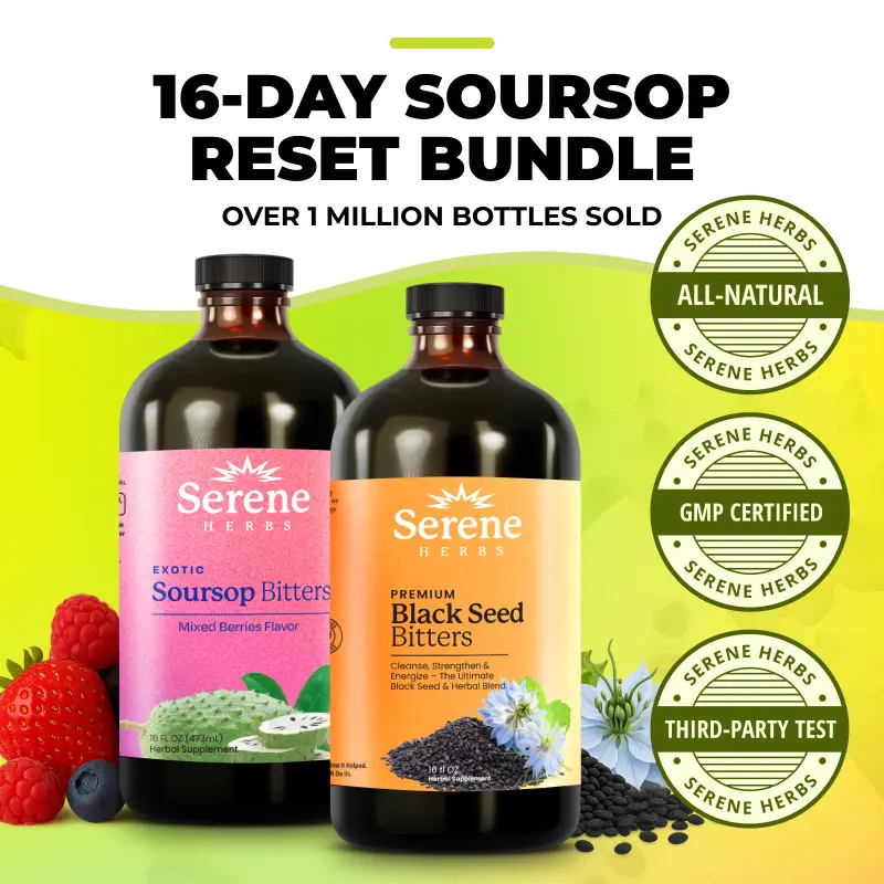 Serene Herbs 16 Day Soursop Reset: kit orgânico de ervas para detox e controle do cortisol, saúde intestinal, suporte à imunidade e energia, sem OGM e vegano (32 fl oz; 16 fl oz cada)