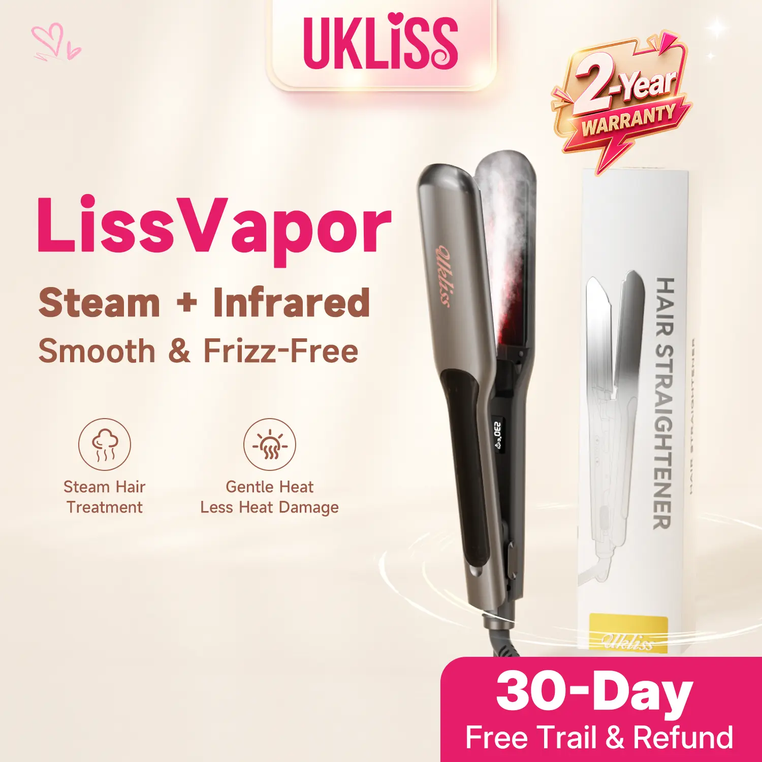 [30 DAYS FREE TRIAL]UKLISS LissVapor Straightener Steam&Infrared Protection Hair Straightner Defrizz Smooth Curler Straightener Steam Protection Penstail Rambut Beruap, Pembentuk Rambut Anti-Kusut dan Halus, Perlindungan Uap