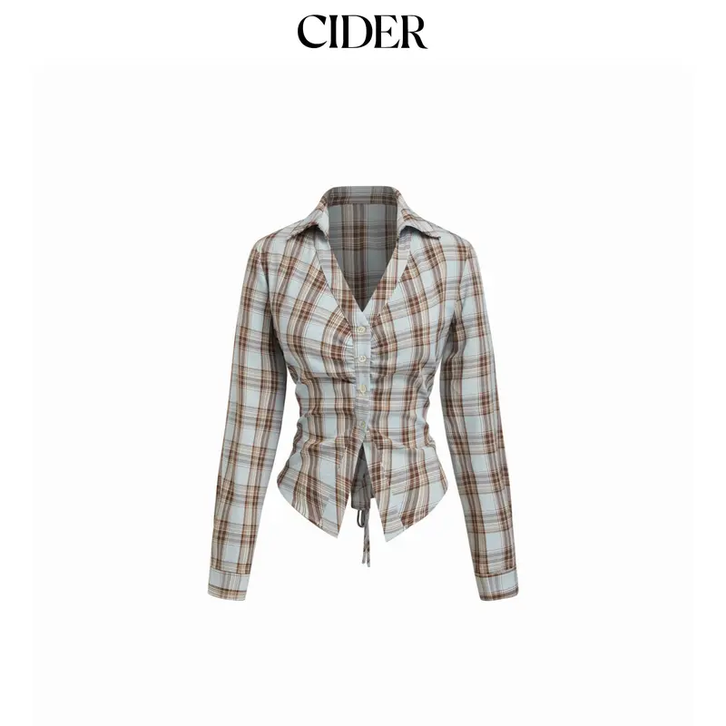 Cider Plaid-Collar V-Neck Long-Sleeve Ruched Blouse with Lace-Up Tie Back