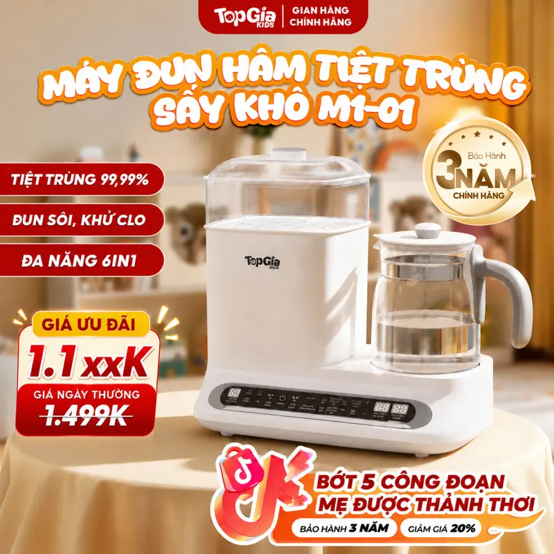 [TIỆT TRÙNG 99,99% - ĐA NĂNG - TIỆN LỢI] Máy đun nước hâm sữa và tiệt trùng hơi nước sấy khô M1-01 TOPGIAKIDS đun sôi, khử clo, chuẩn nhiệt độ cài đặt, 14 chức năng cho bé (TẶNG LỒNG HÂM, KẸP GẮP)., BH 3 Năm, Lỗi 1 Đổi 1 Trong 30 Ngày