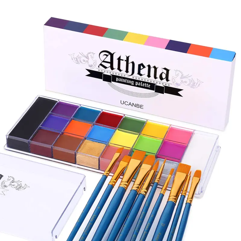 【Brochas en la caja】UCANBE Athena Kit de Pintura Facial y Corporal | 20 Colores + 10 Brochas | Pans Grandes | Halloween, Día de Muertos, Cosplay, SFX