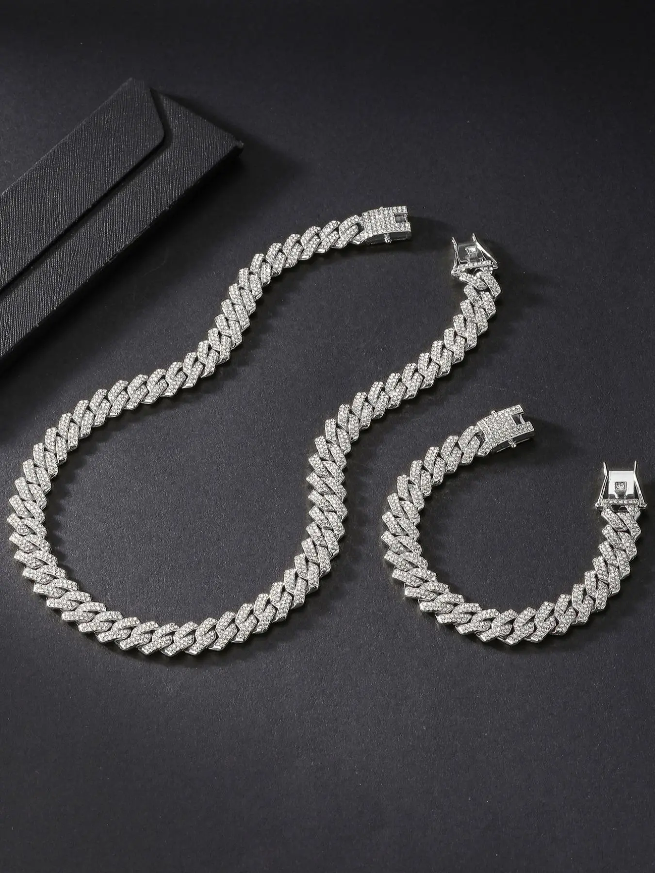 Punk-Style Rhinestone Cuban Chain Necklace and Chunky Curb-Link Bracelets, Hip-Hop Jewellery Set for Men and Women, Gift or Couples’ Bracelets