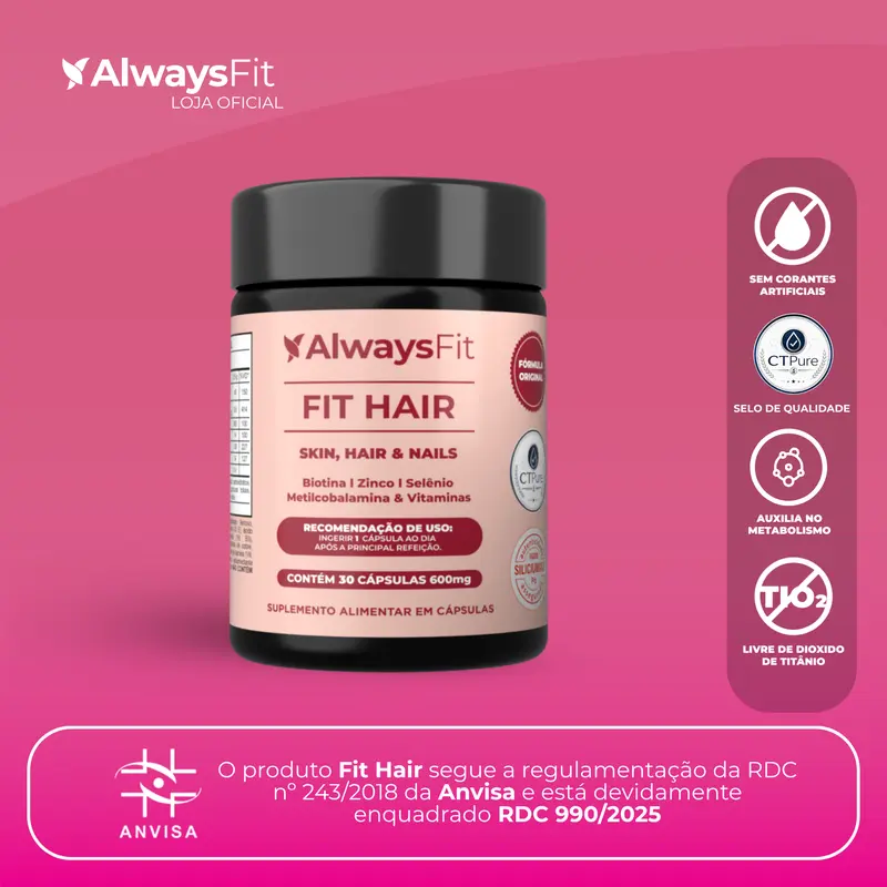 FitHair® - Biotina, Zinco, Ferro, Cobre, Cisteína e + Vitaminas - 30 Cápsulas